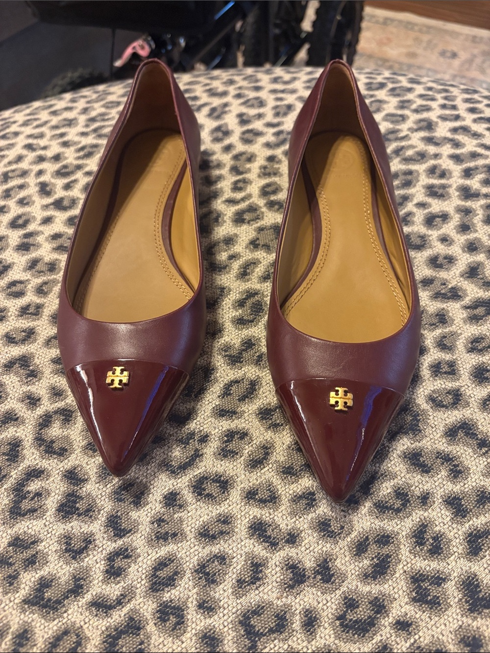 Tory Burch Burgundy Pointed-Toe Leather Flats with Gold Logo